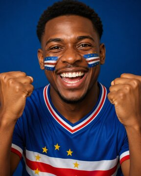 Cape verde fan wearing country jersey and face paint, celebrating football team win