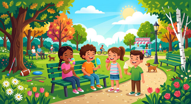 Diverse children, friends, talking, park, green, sunny day, illustration, vector