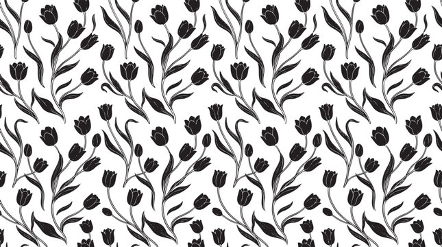 Hand Drawn Tulip Floral Seamless Pattern in Vintage Botanical Style