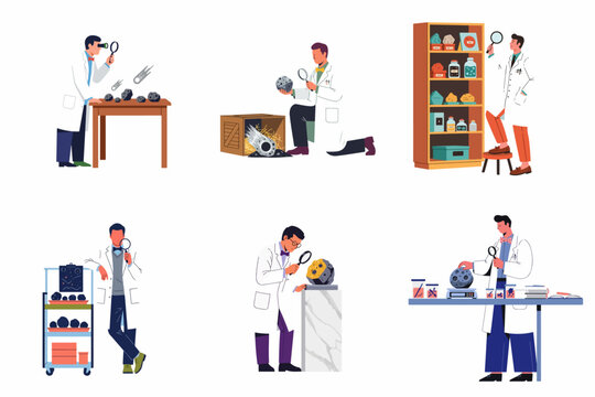 Set of scientists in lab coats researching and examining meteorites and space rocks using various scientific tools and equipment.