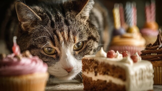 Adorable cat celebrating birthday beside colorful birthday cake with festive party decorations, cute pet celebration scene on soft background with copy space for greeting card, invitation, banner, soc