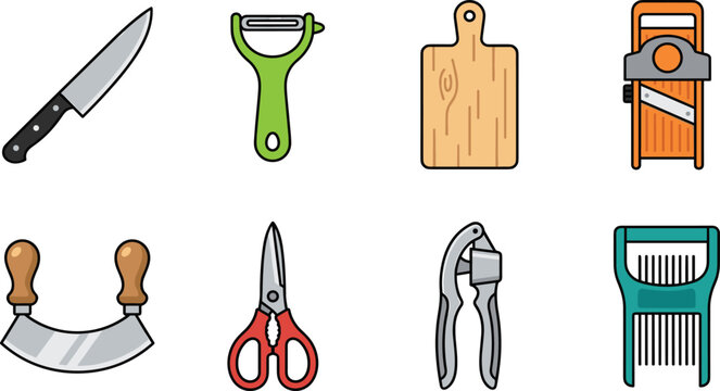Kitchen cutting and chopping tools vector icon set featuring knife peeler board mandoline mezzaluna and scissors