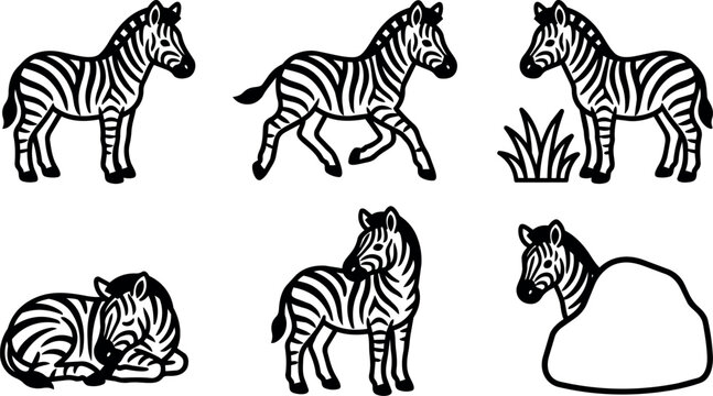 Black and white cartoon zebras standing running sleeping and hiding behind rock
