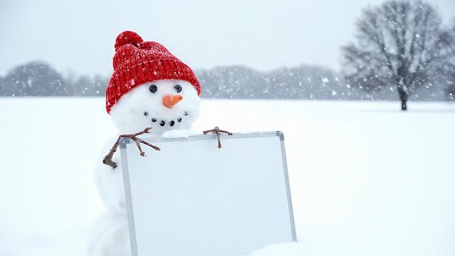 Snowman wearing a red hat holding a blank whiteboard in a snowy winter field