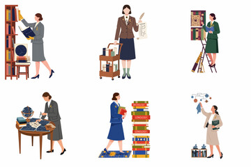 Fototapeta premium Set of diverse vector illustrations featuring scholarly women engaged in astronomical research, library work, and celestial studies in a vintage academic style.