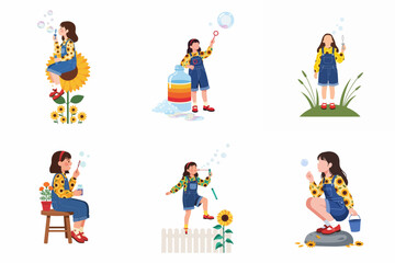 Fototapeta premium A collection of flat illustrations showing a young girl in denim overalls blowing soap bubbles in various whimsical and garden-themed scenarios.