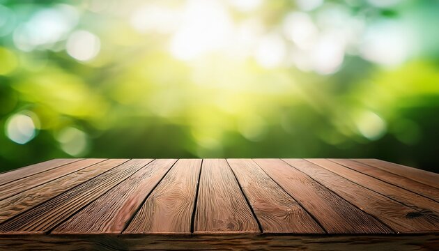 Old Wooden Table Top With Defocused Sunny Green Background