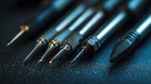 Precision engineering tools are arranged in a row on a dark textured surface.