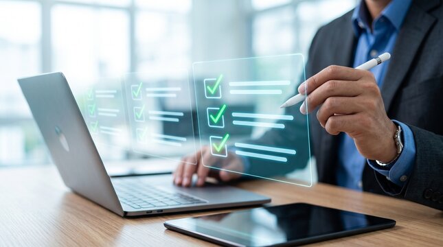 Business professional using stylus to interact with holographic checklist and green checkmarks on laptop screen, digital task management and workflow concept