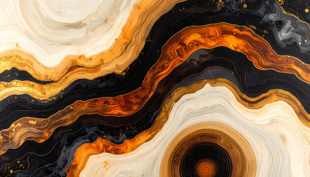 Abstract Swirling Marbling Effect with Earthy Tones and Golden Highlights.