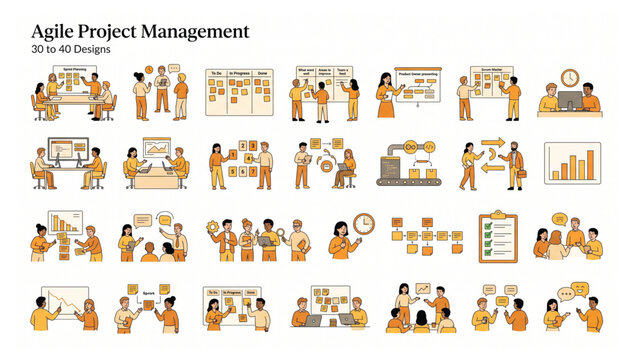 Agile Project Management Scrum Workflow Vector Icon Set for Software Development, Team Collaboration, Sprint Planning and Business Strategy Concepts
