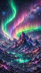 Fototapeta premium A picturesque night scene with a stunning aurora display over rugged mountain peaks, illuminating the landscape below.