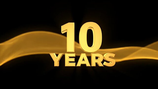10 years anniversary golden text animation with abstract wave background motion