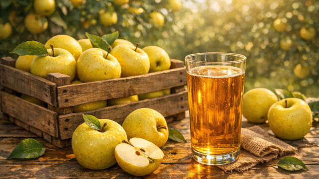 An abundance of apples on the ground with a glass of apple cider beside it.