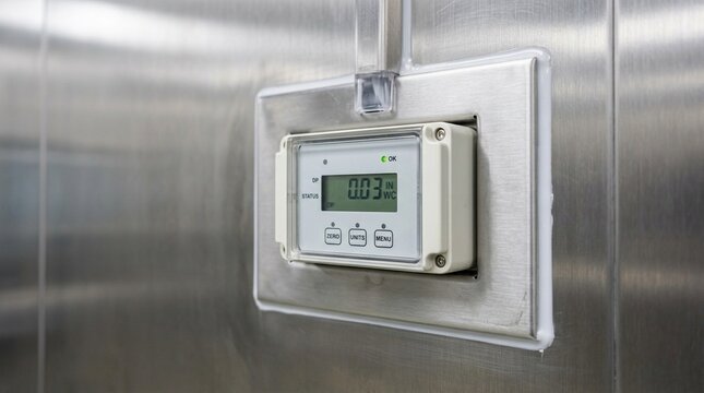 Close-up of a pharmaceutical clean room's differential pressure monitoring sensor mounted flush in a stainless steel wall panel - Pharmaceutical Manufacturing Stock Photo