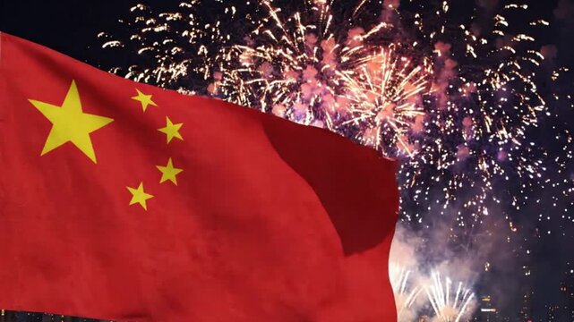 Chinese Flag Waving Against Exploding Fireworks Background