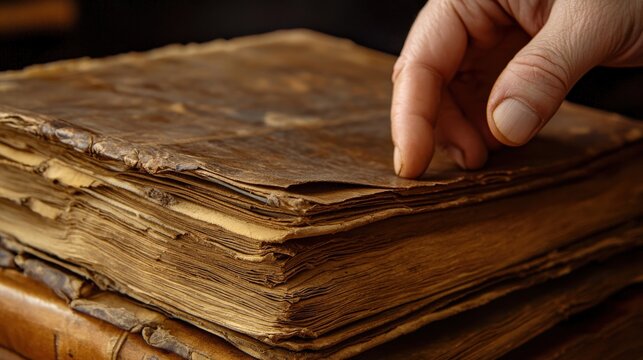 Gentle fingers delicately touch the fragile pages of an aged, weathered tome.