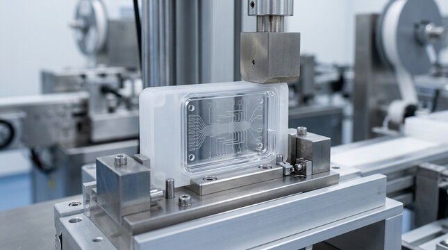 PCR test cartridge assembly station with a microfluidic chip being sealed into its plastic housing - Pharmaceutical Manufacturing Stock Photo