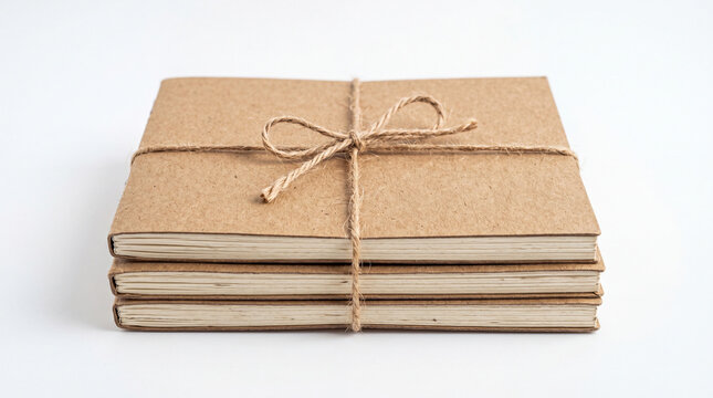 Small stack of three notebooks with kraft paper covers tied with string isolated on white background