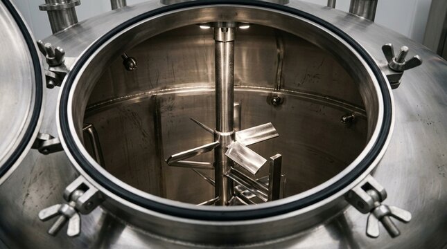 Pharmaceutical mixing tank's agitator shaft visible through an open manway hatch - Pharmaceutical Manufacturing Stock Photo