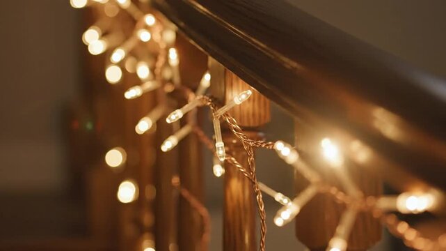 Warm fairy lights wrapped around wooden staircase railing.