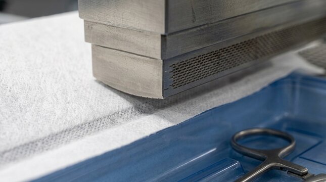Close-up of a sterile barrier pouch's Tyvek lidding material being heat-sealed onto a formed plastic tray containing a surgical instrument - Pharmaceutical Manufacturing Stock Photo