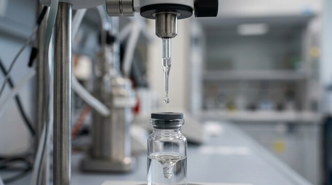 Close-up of a Karl Fischer titrator's burette tip dispensing reagent into a sample vial during a moisture-content analysis - Pharmaceutical Manufacturing Stock Photo