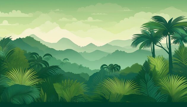 Jungle Landscape Layered Background With Rainforest Parallax Effect Horizontal Green Panoramic Backdrop With Mountains Hills Palms Trees And Bushes