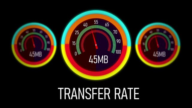 Dynamic digital data transfer rate gauge animation featuring three colorful circular speedometers measuring increasing megabyte throughput speeds for high-speed internet connectivity and network