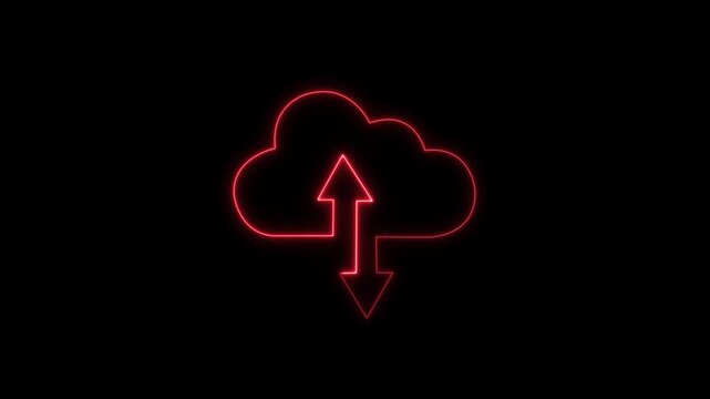 Neon red cloud computing with animated data upload and download arrows, digital network synchronization symbol, modern cyber security and information technology concept for tech presentations