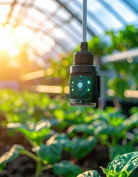 smart sensor monitoring plant growth in greenhouse, precision agriculture technology, digital farming automation, soil health and humidity analysis