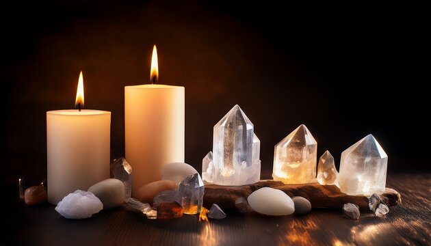 Velas Encendidas Y Cristales De Cuarzo Sobre Fondo Oscuro Para Ambiente Espiritual Y Relajante