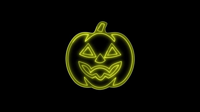 Neon yellow pumpkin icon glowing on black background for spooky halloween holiday.