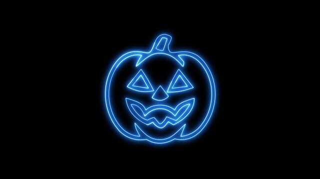Blue neon jack o lantern glowing on black background, Halloween.