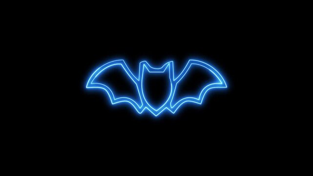 Blue neon bat sign glowing in dark night sky motion graphic.