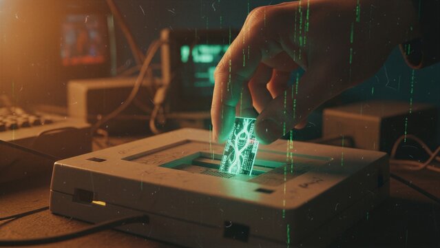 Hand inserting alien microchip into extraterrestrial console. Sci-fi technology experiment with holographic data. Secret research encounter with intelligence from outer space science.