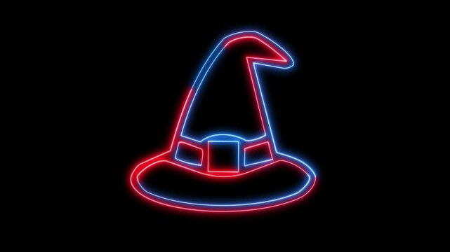Animated witch hat neon sign glowing with red and blue light motion video clip.