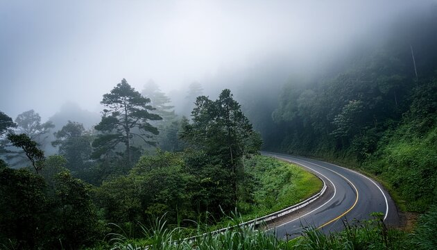 Foggy Mountain Road Surrounded By Forest At Mount Donna Buang