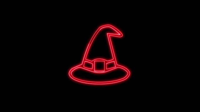 Red neon witch hat animation glowing on black background for halloween projects.
