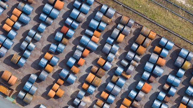 Aerial view of industrial steel coils arranged in rows at a storage yard in Velsen-Noord, North Holland, Netherlands.