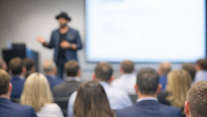 Fototapeta premium Man presenting in front of an audience.