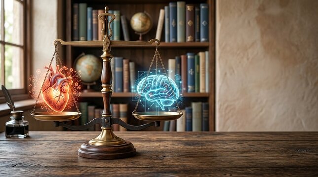 Old balance scale balancing a glowing human heart and a digital brain, symbolizing the choice between emotion and reason