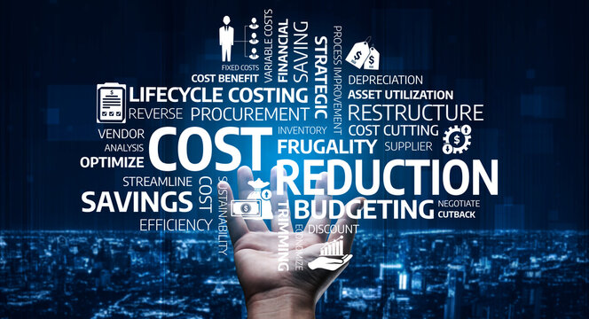 A conceptual image showcasing hand reaching for cost reduction and budgeting terms, illustrating strategic financial management in a modern urban environment. Tessel