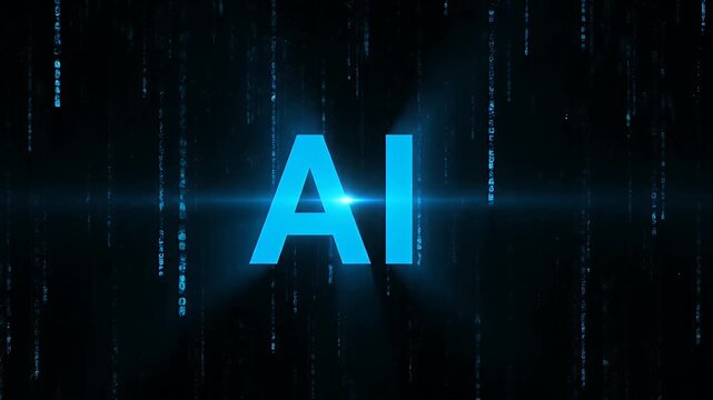 Ai text logo with digital matrix code background and glowing light effect