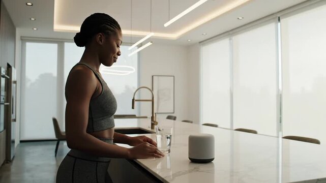Woman interacting with smart speaker in modern white kitchen island