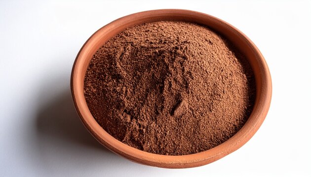 Poudre De Caroube Moulue Ceratonia Siliqua Dans Un Pot En Argile Vue De Dessus Sur Fond Blanc