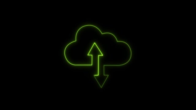 Neon green glowing cloud computing with animated up and down data transfer arrows for digital network synchronization, internet connectivity, server storage, and modern cloud technology concepts