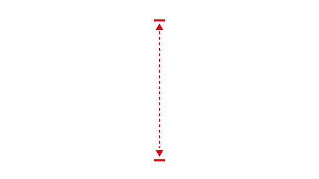 Minimalist vertical measurement animation featuring a red dotted line with arrows indicating height and distance on a clean white background, for infographic and, data visualization projects