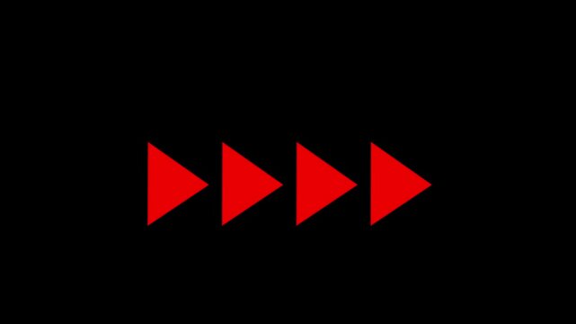 Minimalist red arrow animated sequence for user interface digital navigation fast forward media controls, and modern motion symbols set on a clean solid black background