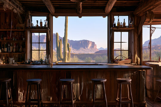 The interior of a rustic old west saloon. A wooden bar counter, with stools arranged facing large windows that offer a view of a desert landscape with mesas and saguaro cactus, is lined with bottles.